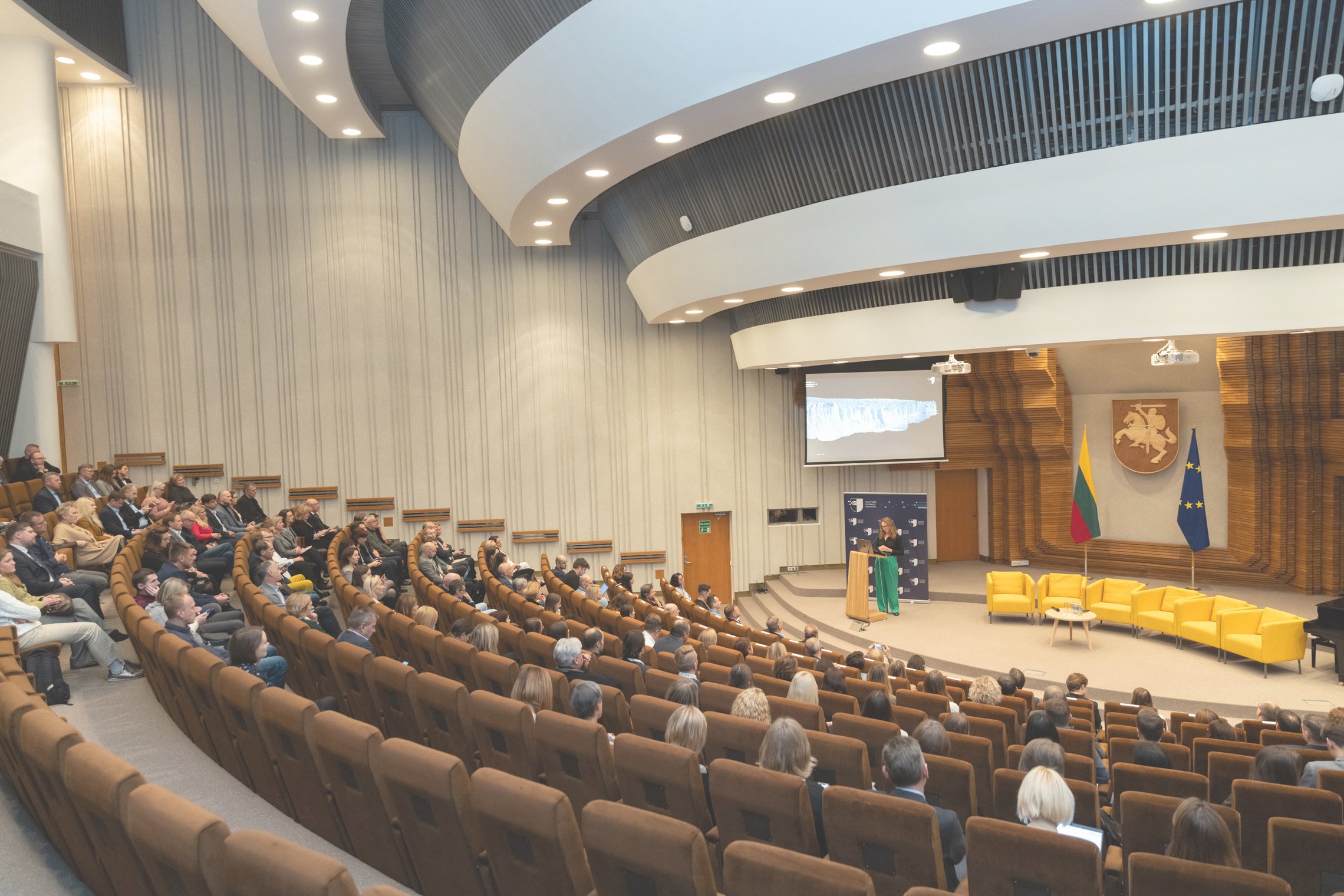Akimirka iš renginio, scenoje vyksta kalbos pristatymas