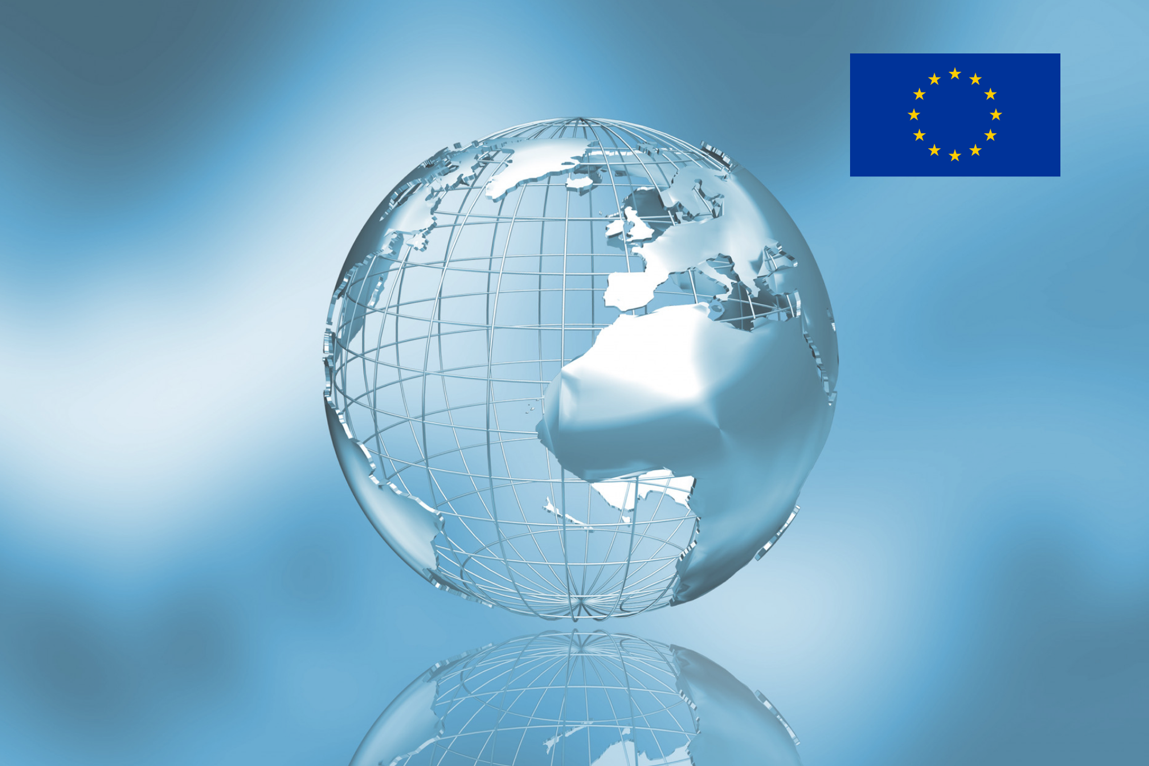 Metalinio korpuso žemės modelis, šalia Europos sąjungos vėliava